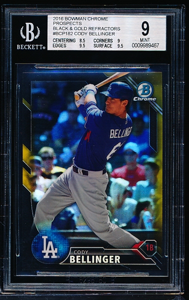 2016 Bowman Chrome Prospects Bb- “Black & Gold Refractors”- #BCP182 Cody Bellinger, Dodgers- Beckett Graded MINT 9