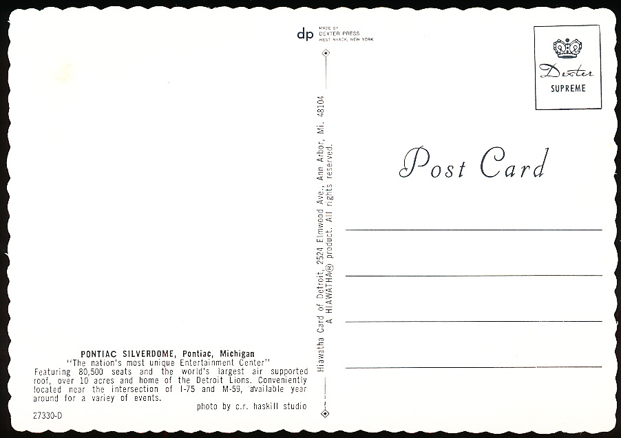 Lot Detail - Hiawatha Card Co. “277330-D: Pontiac Silverdome” Deckle ...