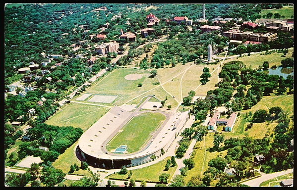 Kansas Distributing Co. “8C-K1356, L-12- Airview, Stadium and Campanile Kansas University, Lawrence, Kansas” Chrome Postcard