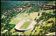 Kansas Distributing Co. “8C-K1356, L-12- Airview, Stadium and Campanile Kansas University, Lawrence, Kansas” Chrome Postcard