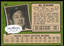 Autographed 1971 Topps Bsbl. #180 Al Kaline- JSA Basic Sticker Certified
