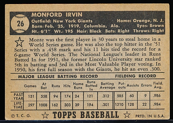 1952 Topps Baseball- #26 Monte Irvin, Giants- Black Bback