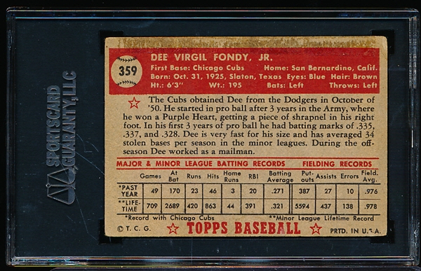 1952 Topps Baseball- #359 Dee Fondy, Cubs- SGC 10 (Poor 1)- Hi#