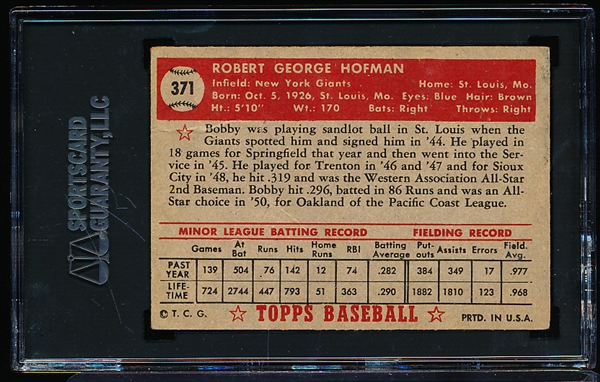 1952 Topps Baseball- #371 Bobby Hofman, Giants- SGC 2.5 (Good+)- Hi#