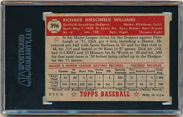 1952 Topps Baseball- #396 Dick Williams, Dodgers- Hi#- SGC 20 (Fair 1.5)