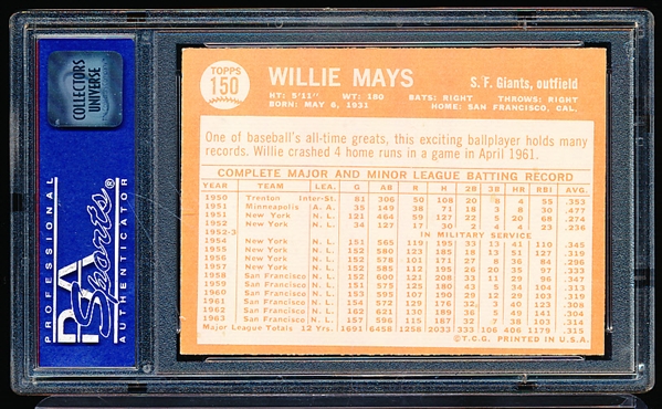 1964 Topps Bb- #150 Willie Mays, Giants- PSA EX 5