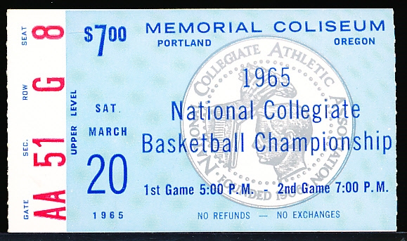 March 20, 1965 NCAA Division I Men’s Basketball Tournament Finals Ticket Stub