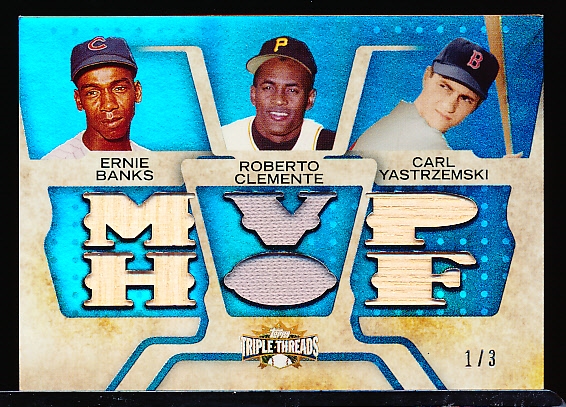 2008 Topps Triple Threads Baseball- Triple Relic Combo Sapphire- #TTRC-40 Ernie Banks/Roberto Clemente/Carl Yastrzemski- 1 of 3