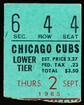 Sept 2, 1965 Chicago Cubs vs. St. Louis Cardinals Ticket Stub- Ernie Banks 400 Career Home Run