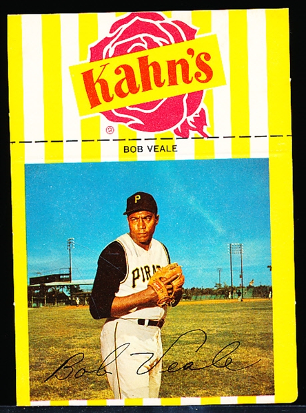 1968 Kahn’s Baseball- Card with Tab- Bob Veale, Pirates-Large Size-Yellow & White stripes- (Hands at Chest)