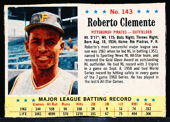 1963 Post Cereal Bb- #143 Roberto Clemente, Pirates