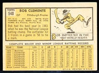 1963 Topps Bb- #540 Bob Clemente, Pirates- Hi#