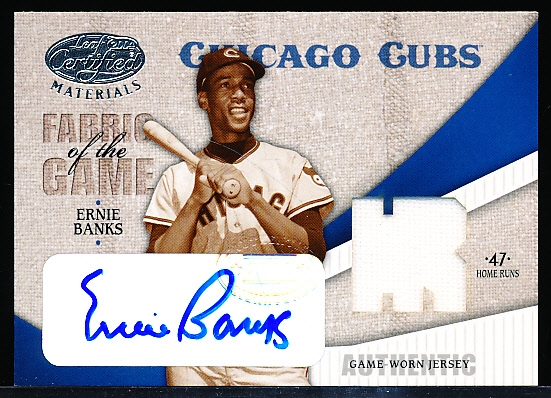 2004 Leaf Certified Materials Bb- “Fabric of the Game Autograph Stats”- #FG-41 Ernie Banks, Cubs- #2/3 Made! 