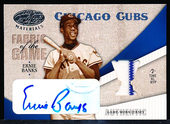 2004 Leaf Certified Materials Bb- “Fabric of the Game Autograph Reward”- #FG-41 Ernie Banks, Cubs- #3/3 Made! 