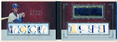 2009 Topps Sterling Bb- “Seasons Relic Autographs Sterling Silver”- #SSA-7 Ernie Banks, Cubs- 1 of 1
