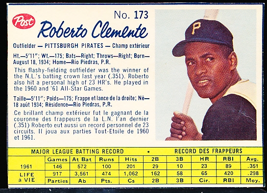 1962 Canadian Post Bb- #173 Roberto Clemente, Pirates