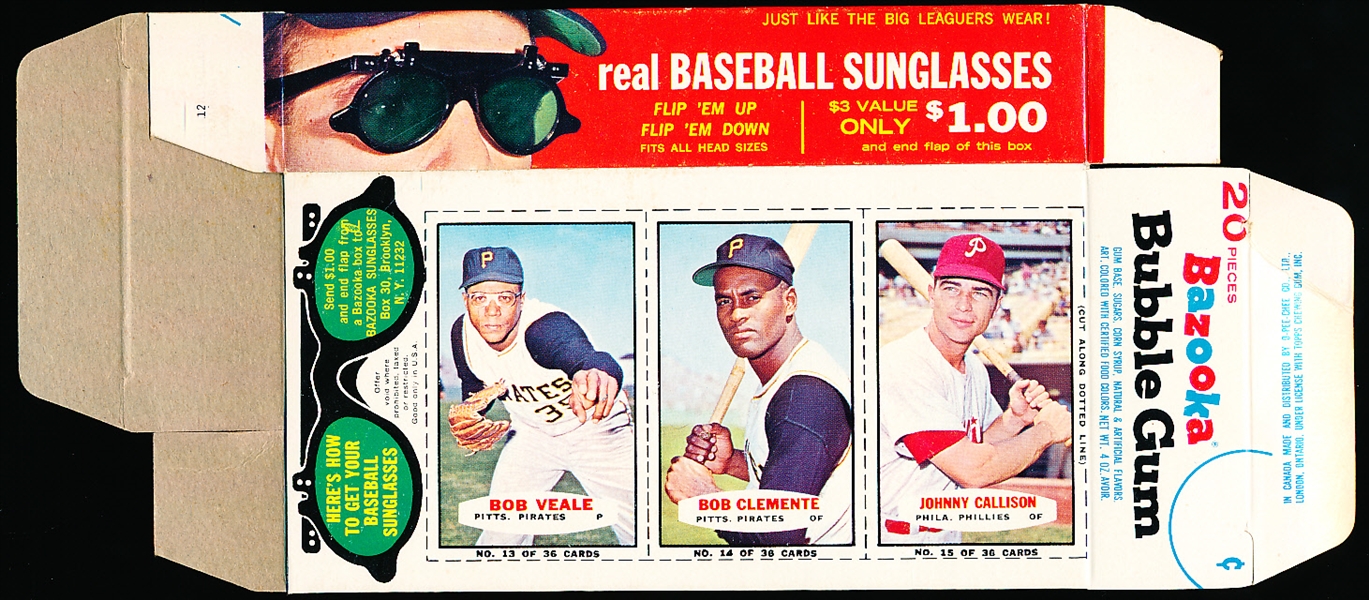 1965 Bazooka Baseball- Complete Flat Box- #13 Bob Veale/ #14 Bob Clemente/ #15 Johnny Callison