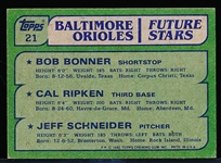 1982 Topps Bsbl. #21 B. Bonner/ Cal Ripken, Jr. RC/ J. Schneider