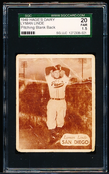 1949 Hage’s Dairy PCL Bb- Lyman Linde, San Diego- SGC 20 (Fair 1.5)- Sepia Color