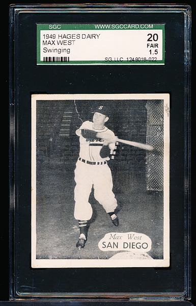 1949 Hage’s Dairy PCL Bb- Max West, San Diego- Batting Pose- SGC 20 (Fair 1.5)- B&W
