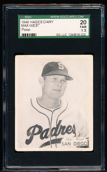 1949 Hage’s Dairy PCL Bb- Max West, San Diego- Portrait Pose- SGC 20 (Fair 1.5)- B&W