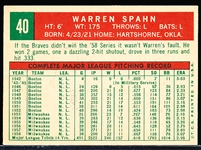 1959 Topps Bb- #40 Warren Spahn, Braves- “21” Back