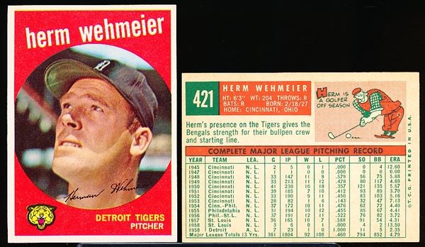 1959 Topps Bb- #421 Herm Wehmeier, Tigers- 5 Cards