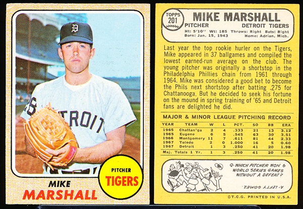 1968 Topps Bb- #201 Mike Marshall, Tigers- 5 Cards