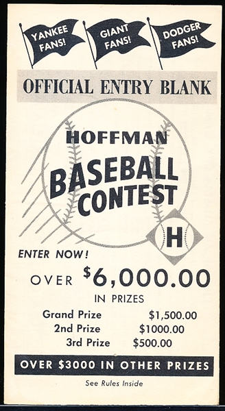 1952 Hoffman Baseball Contest Official Entry Blank