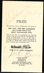 1960’s-70’s McDonald’s 3-3/8” x 5-½” Full Meal Coupon- Signed by 4 Diff. Detroit Tigers