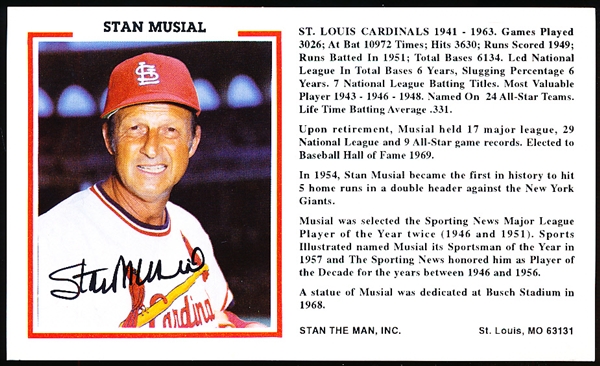 Autographed Stan Musial “Stan the Man” Bsbl. St. Louis Cardinals MLB Color 3-½” x 6” Bio Card