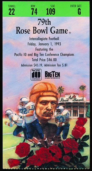 January 1, 1993 Rose Bowl NCAA Ticket Stub- Michigan vs. Washington
