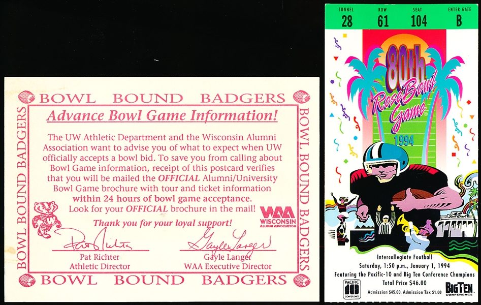January 1, 1994 Rose Bowl NCAA Ticket Stub- Wisconsin vs. UCLA