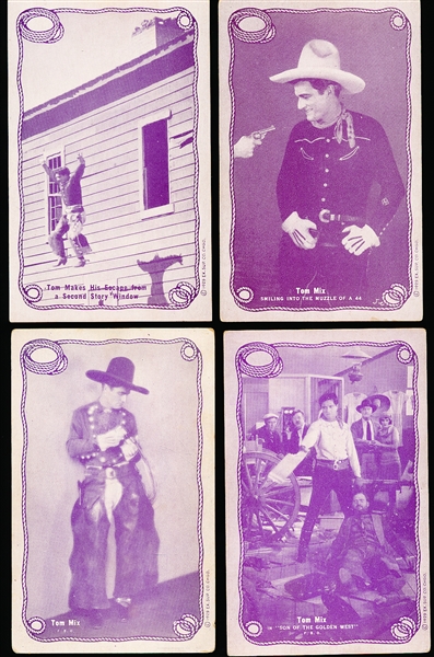 1929 Exhibit Supply Co. Tom Mix Rope Framed (W404-1) Postcard-Backed Purple Tint Exhibit Cards- 7 Diff.