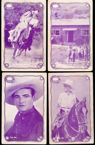 1929 Exhibit Supply Co. Tom Mix Rope Framed (W404-1) Postcard-Backed Purple Tint Exhibit Cards- 16 Diff.