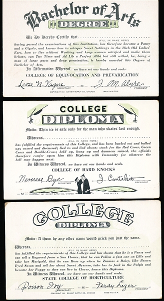 1941 Exhibit Supply Co. (Chicago)- “Daffy Diplomas” (W431-5) Men Blank-Backed Exhibits- 3 Diff.