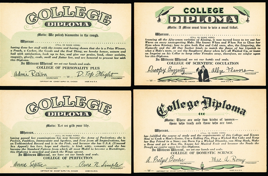 1941 Exhibit Supply Co. (Chicago)- “Daffy Diplomas” (W431-5) Women Complete Set of 32 Blank-Backed Exhibit Cards
