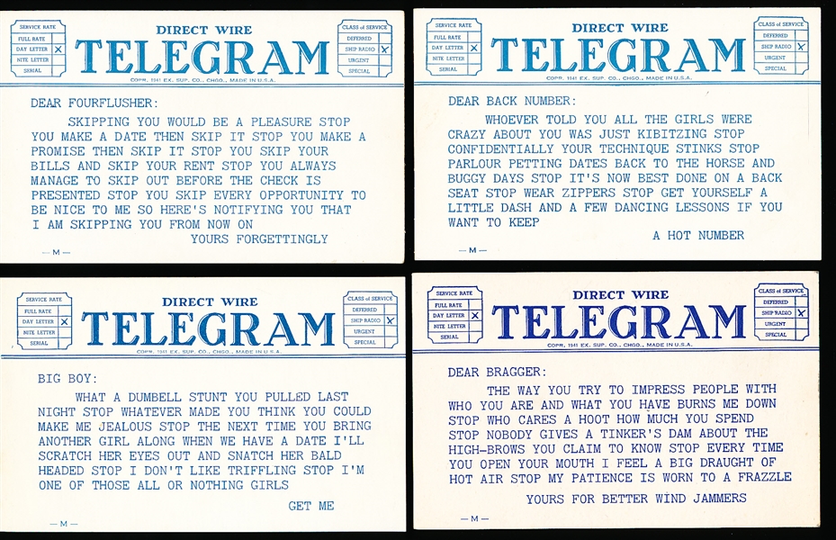 1941 Exhibit Supply Co. (Chicago)- “Direct Wire Telegram” Men Blank-Backed Exhibits Near Set- 31 of 32