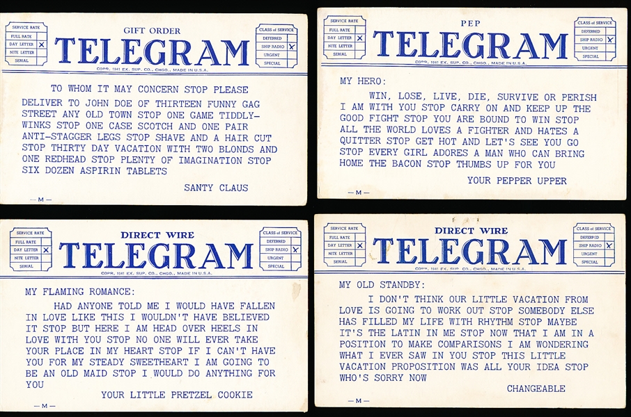 1941 Exhibit Supply Co. (Chicago)- “Direct Wire Telegram” Men Postcard Backed Exhibits- 9 Diff.