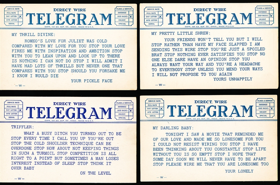 1941 Exhibit Supply Co. (Chicago)- “Direct Wire Telegram” Women Blank-Backed Exhibits- 21 Asst.