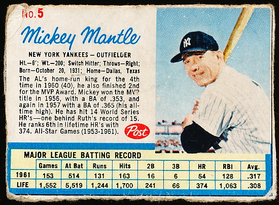 1962 Post Bb- #5 Mickey Mantle, Yankees