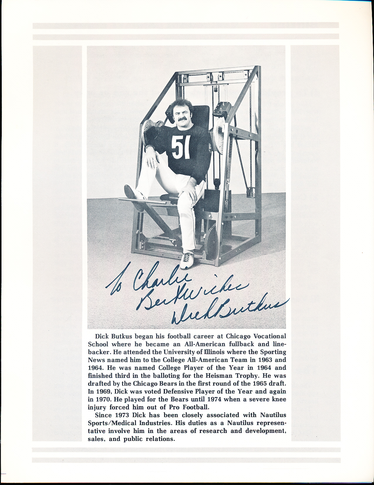 Lot Detail - Autographed And Inscribed Dick Butkus NFL B/W 8 ½” X 11 ...