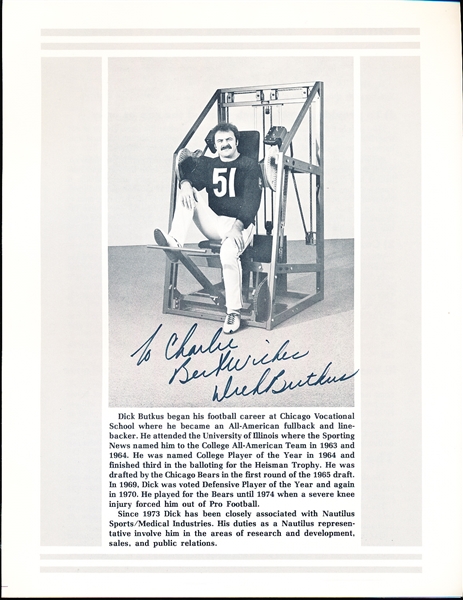 Autographed and Inscribed Dick Butkus NFL B/W 8 ½” x 11” Nautilus Sports/Medical Industries Promo Photo