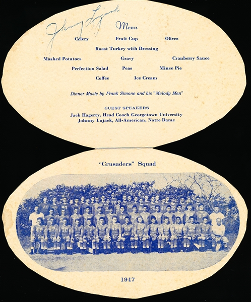 Signed Johnny Lujack Dec. 14, 1947 Catholic Central High School Booster’s Assn Banquet  Program