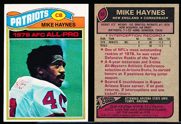 1977 Topps Fb- #50 Mike Haynes RC, New England- 5 Cards