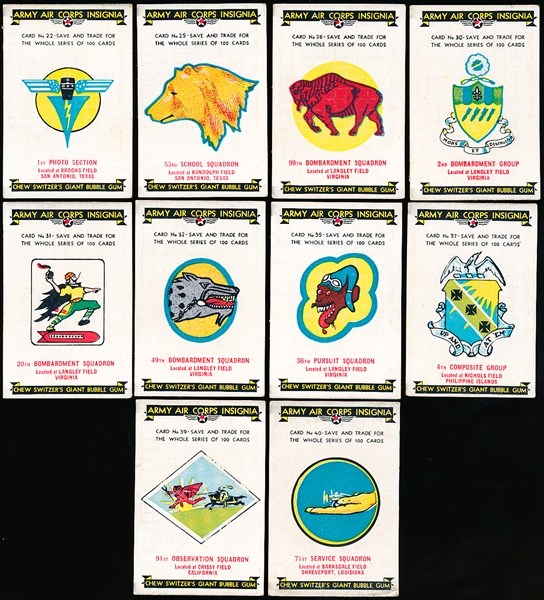 1938 Switzer’s Licorice “Army Air Corps Insignia” (R17) Cards- 10 Diff.