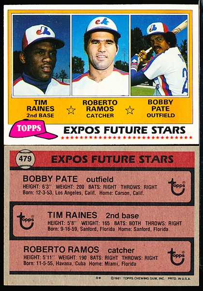 1981 Topps Bb- #479 Tim Raines RC- 15 Cards