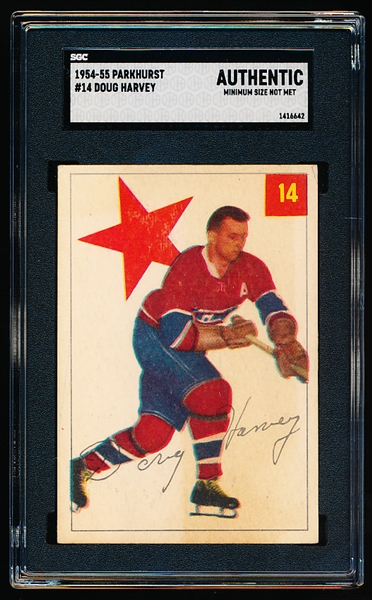 1954-55 Parkhurst Hockey- #14 Doug Harvey, Montreal- SGC Authentic- (Min. Size Not Met)