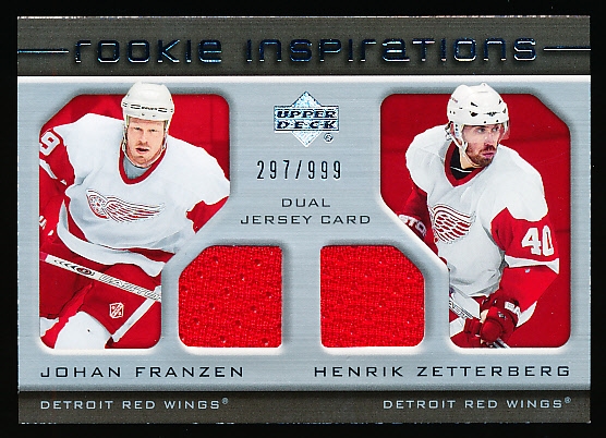 2005-06 Upper Deck Hockey- “Rookie Inspirations Dual Jersey”- #209 Johan Franzen/ Zetterberg, Red Wings- #297/999