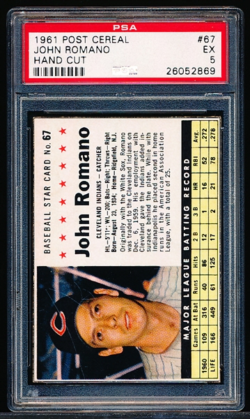 1961 Post Cereal Bb- #67 John Romano, Cleveland Indians- PSA Ex 5
